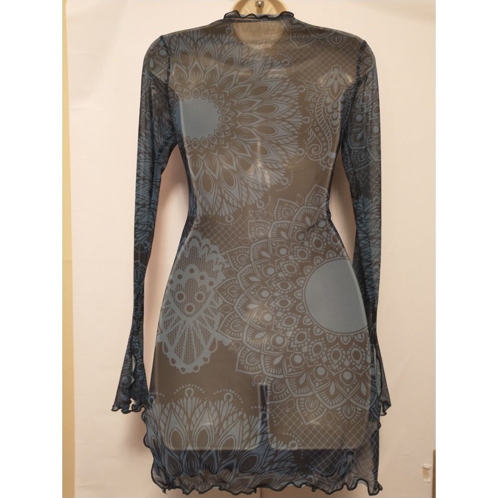 Exotic Mesh Bodycon Beach Dress Mandala Boho Mock Neck Bell Sleeve Teal Party - Picture 7 of 10